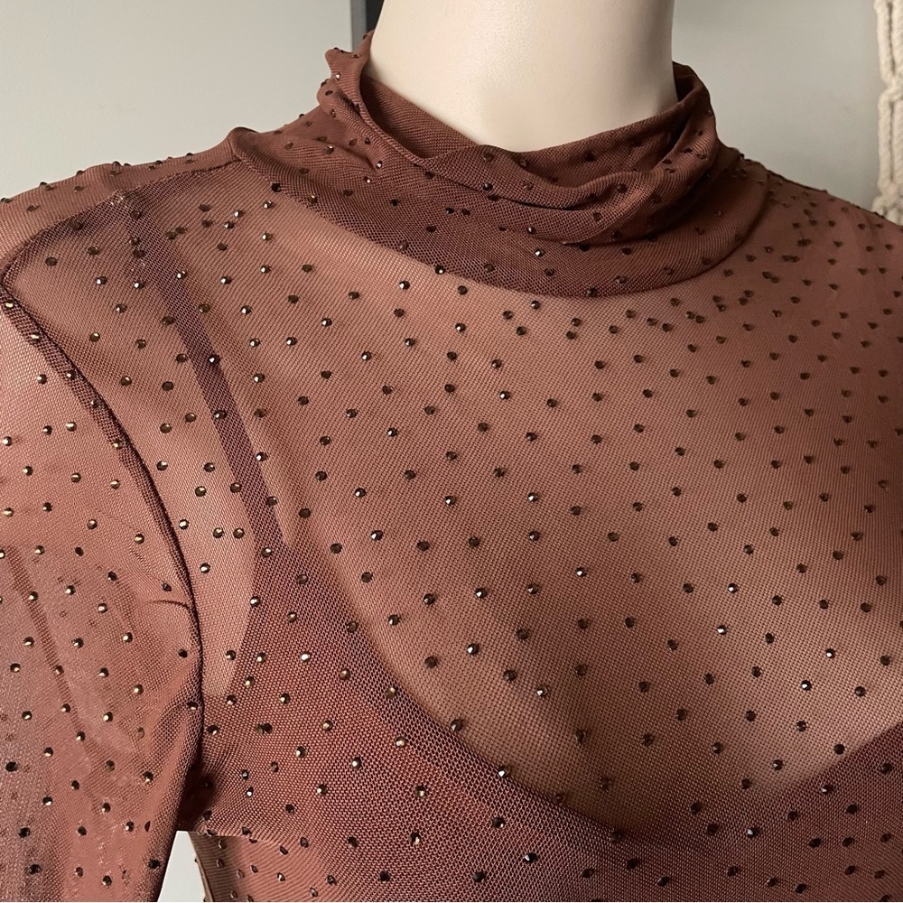 AFRM Shailene Rhinestone Turtleneck Dress Midi Embellished Mesh Brown Medium - Picture 5 of 11